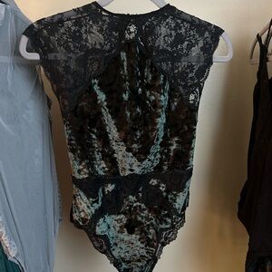 Victoria’s Secret Green Velvet And Black Lace Bodysuit